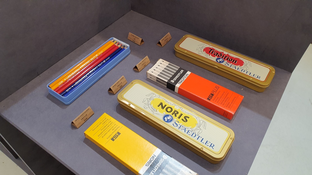 display of vintage pencil cases