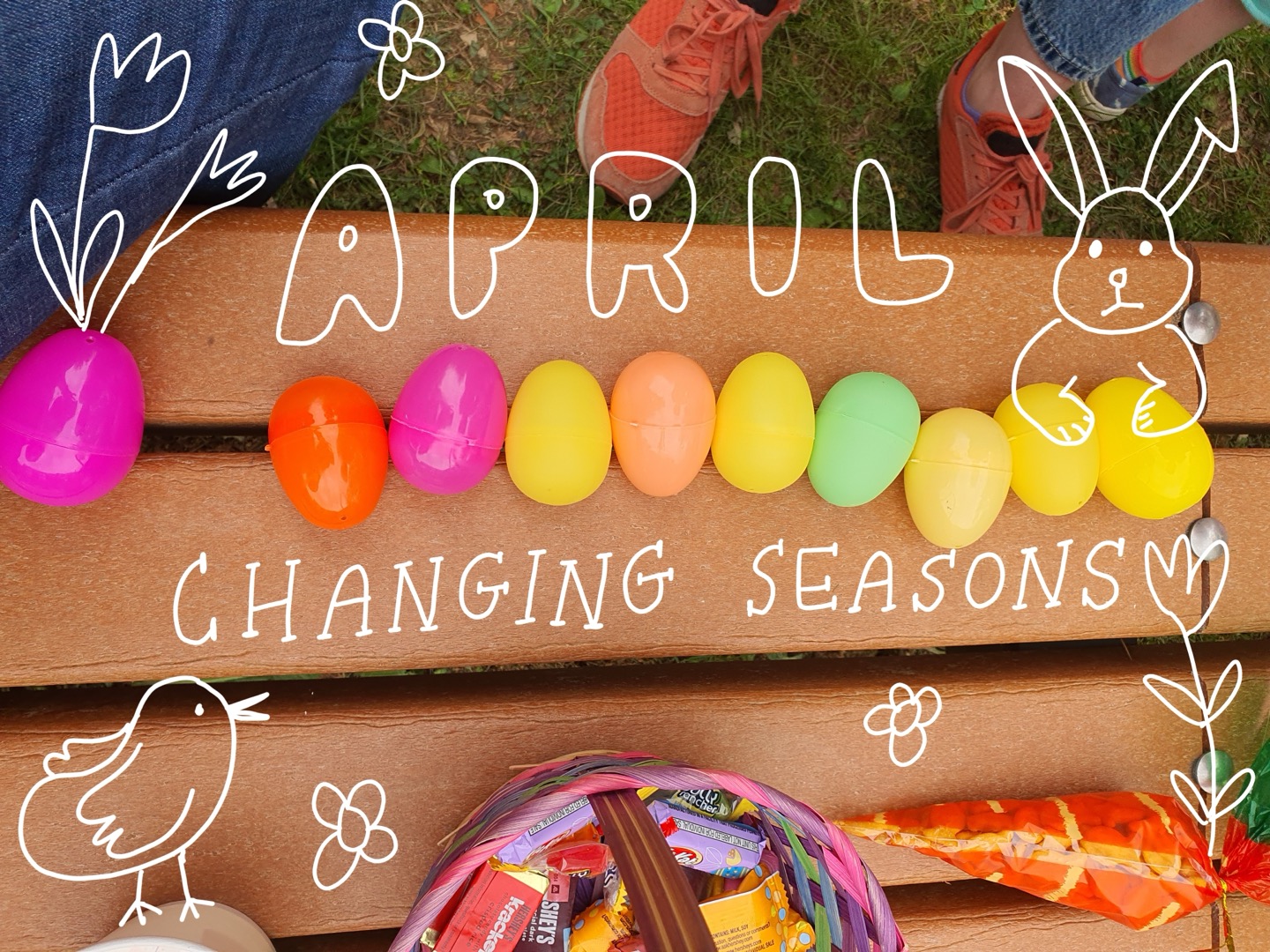 Colorful plastic easter eggs lined up on a bench